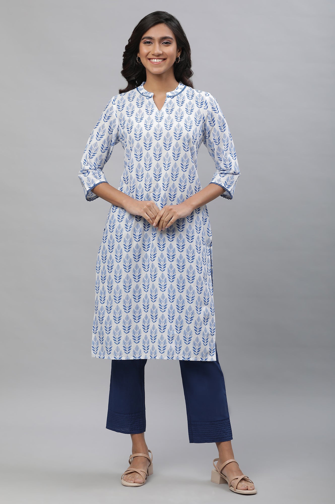 White Cotton Kurta with Blue Print