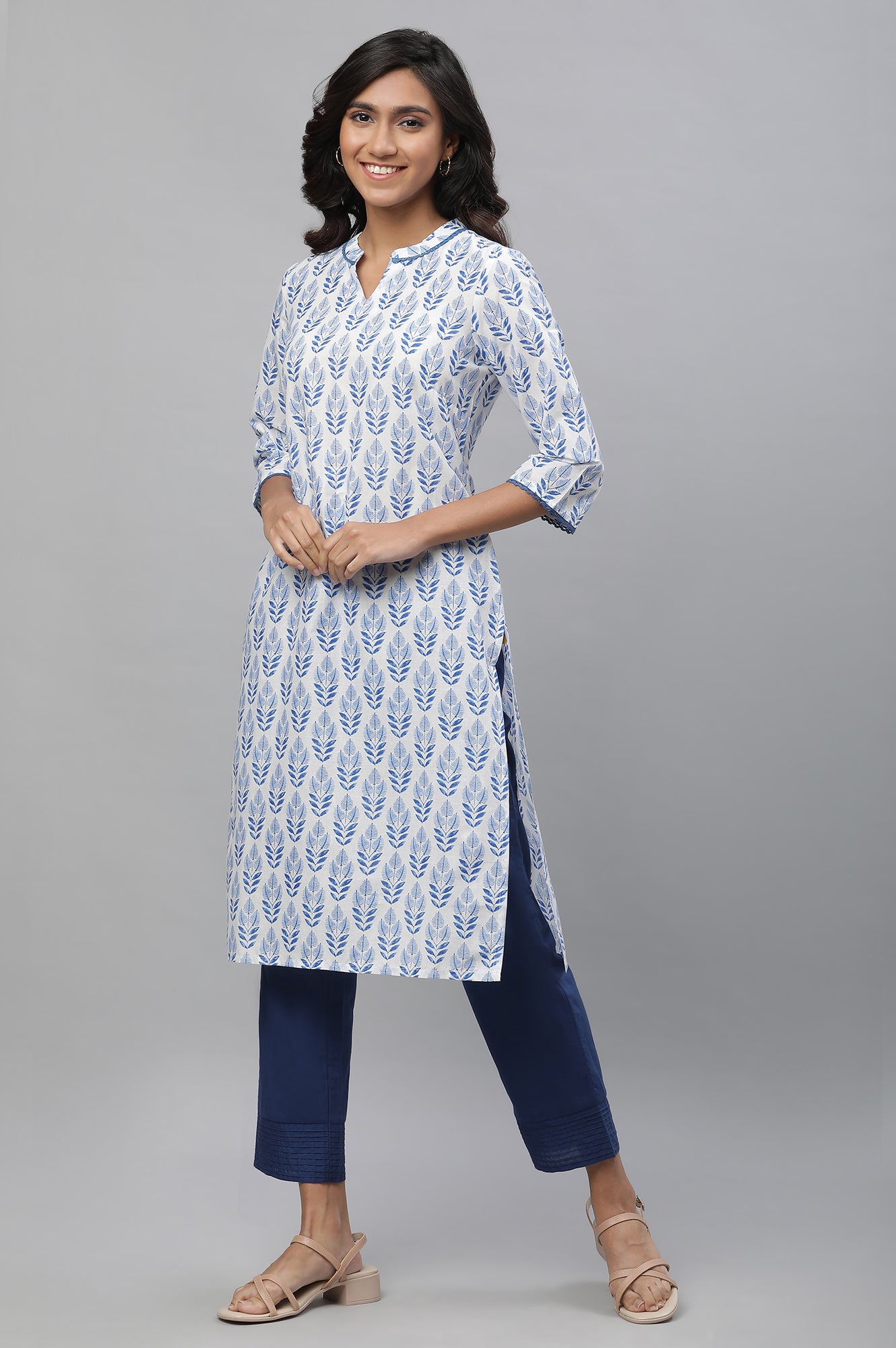 White Cotton Kurta with Blue Print