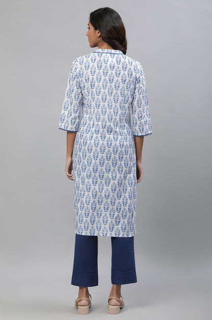 White Cotton Kurta with Blue Print