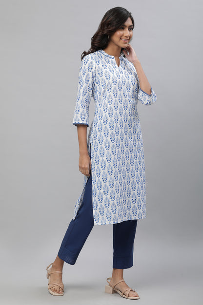 White Cotton Kurta with Blue Print