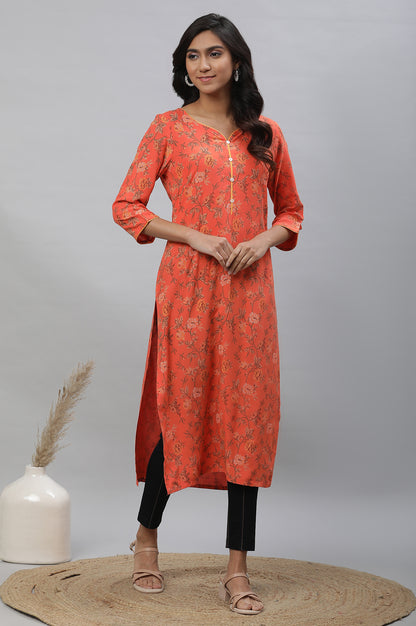 Orange Sweetheart Neck Printed Kurta