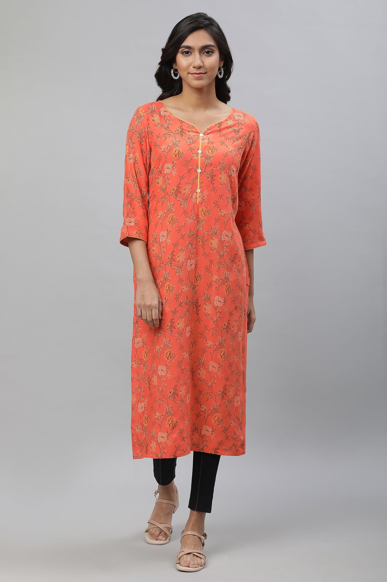 Orange Sweetheart Neck Printed Kurta