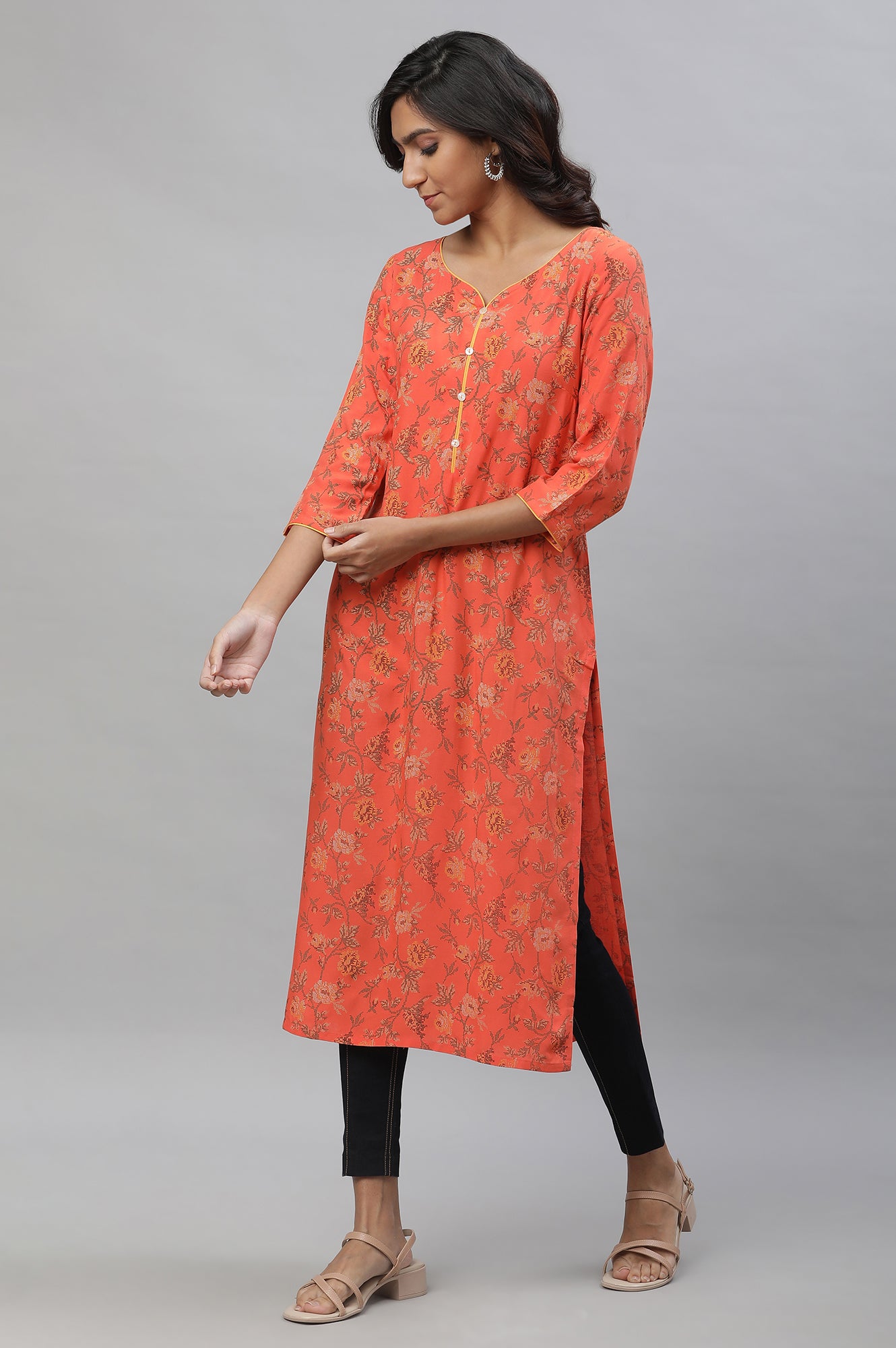 Orange Sweetheart Neck Printed Kurta