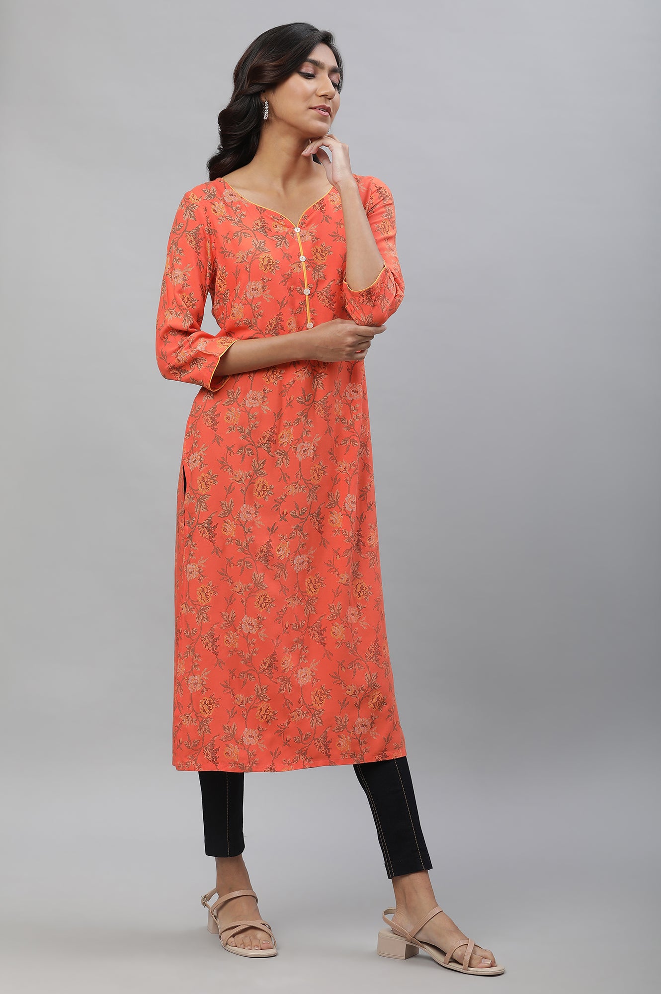 Orange Sweetheart Neck Printed Kurta