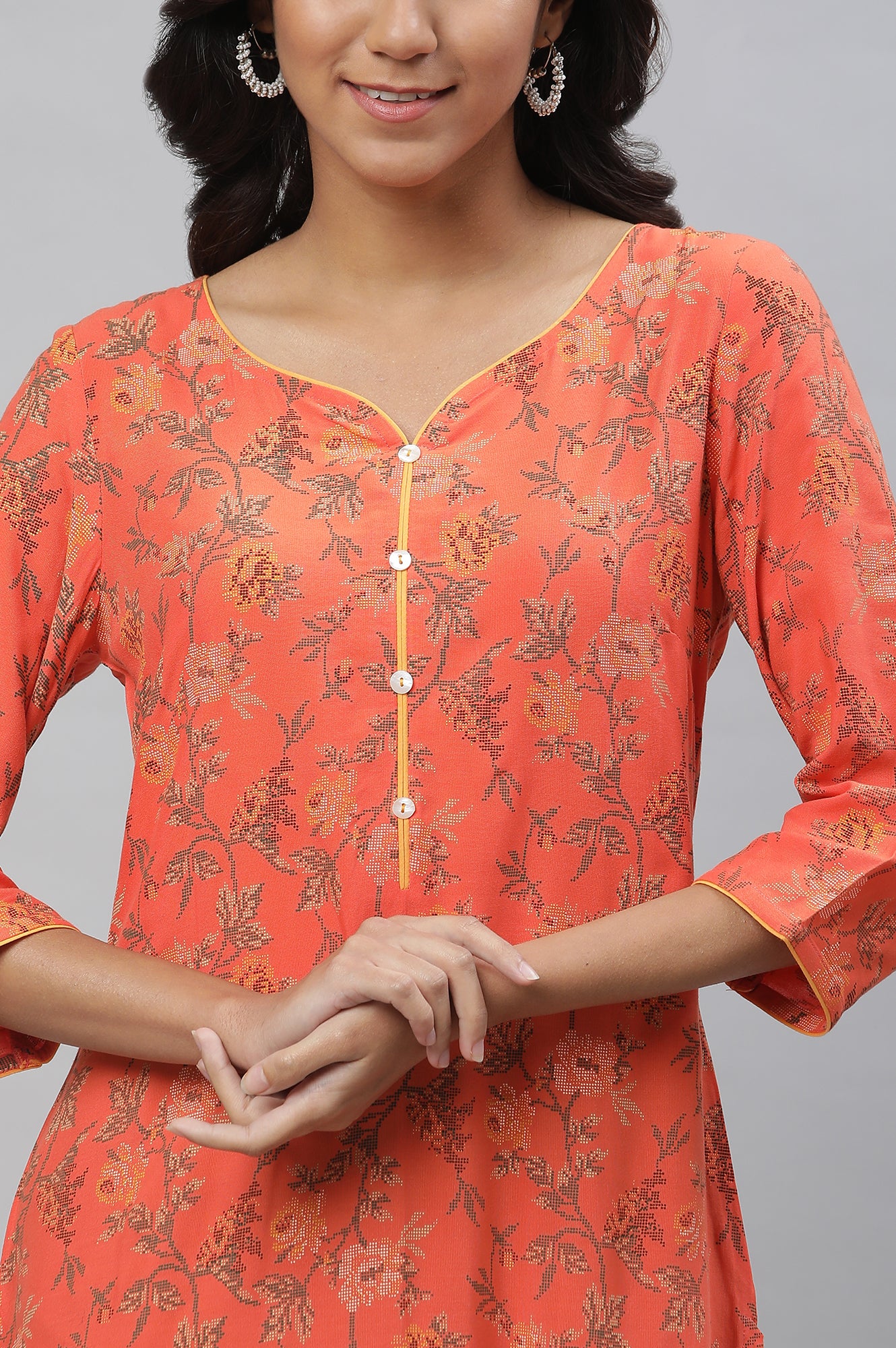 Orange Sweetheart Neck Printed Kurta