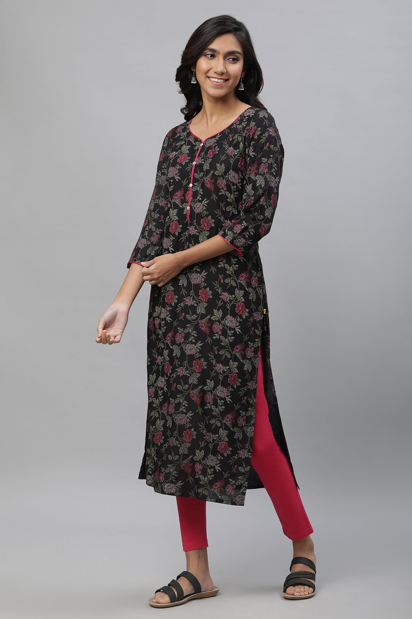 Black Sweetheart Neck Printed Kurta