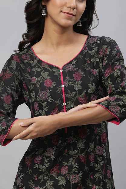 Black Sweetheart Neck Printed Kurta