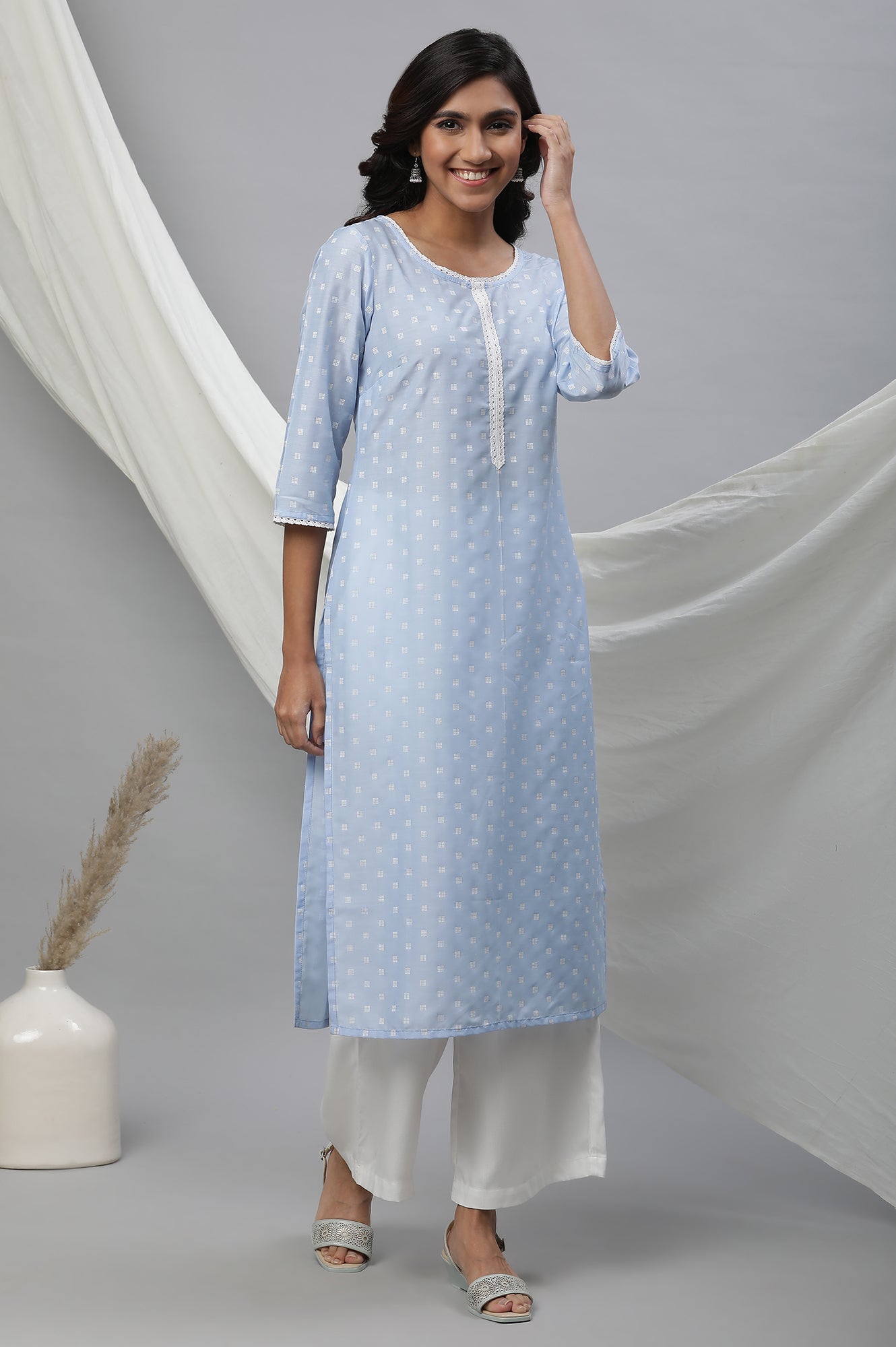 Blue Lace Work Straight Kurta