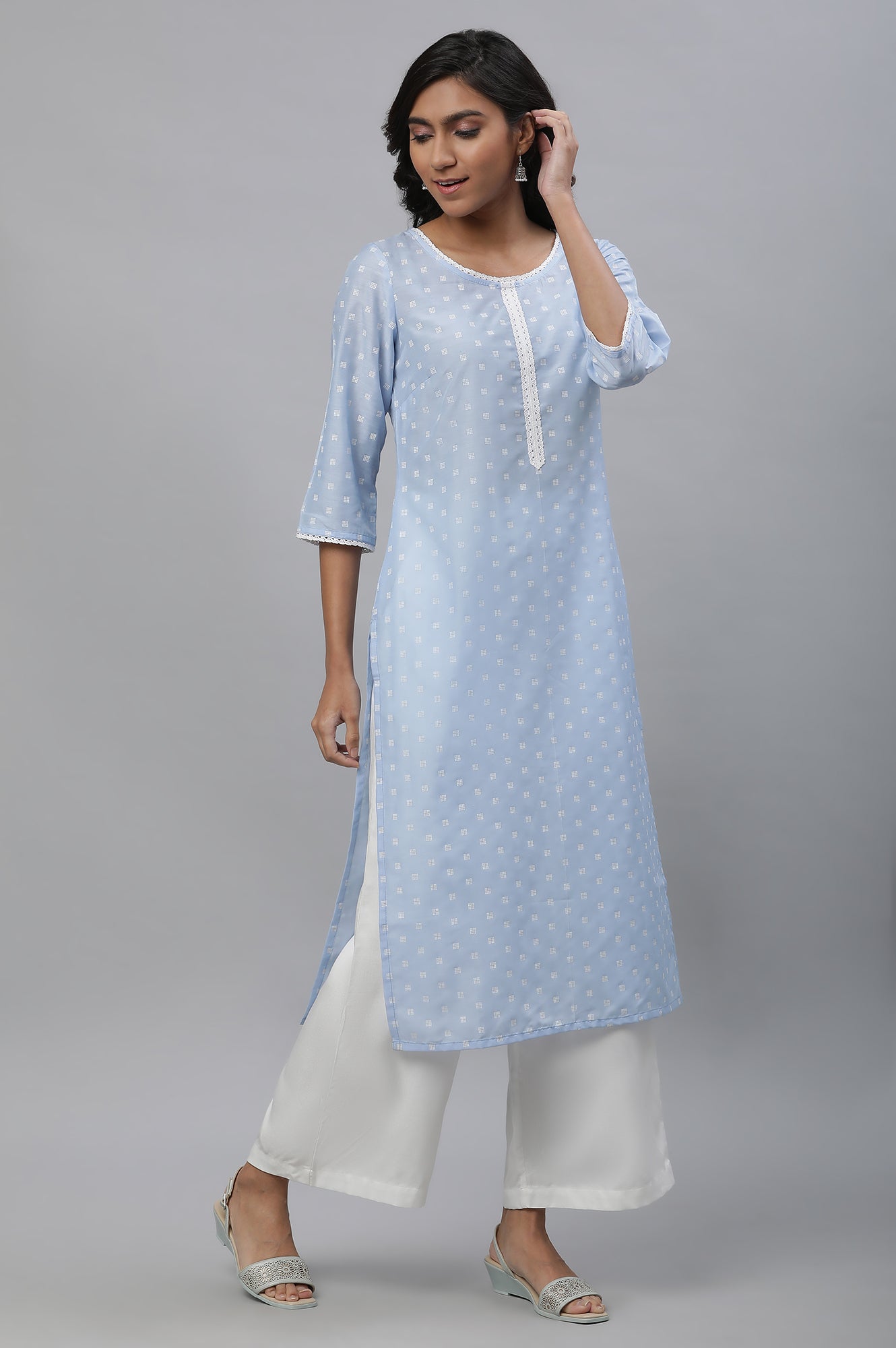 Blue Lace Work Straight Kurta