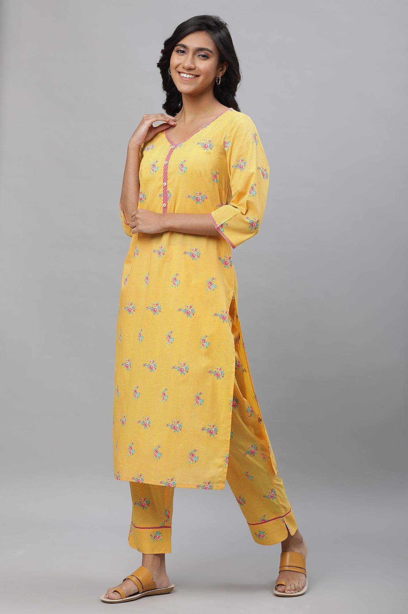 Yellow Floral Lace Trim Straight Cotton Kurta