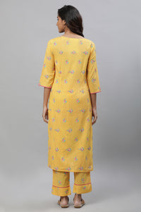 Yellow Floral Lace Trim Straight Cotton Kurta