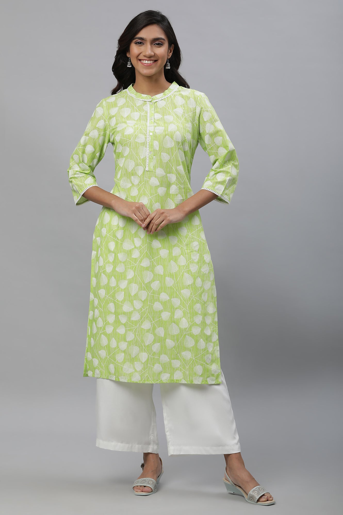 Green Floral Printed Casual Kurta