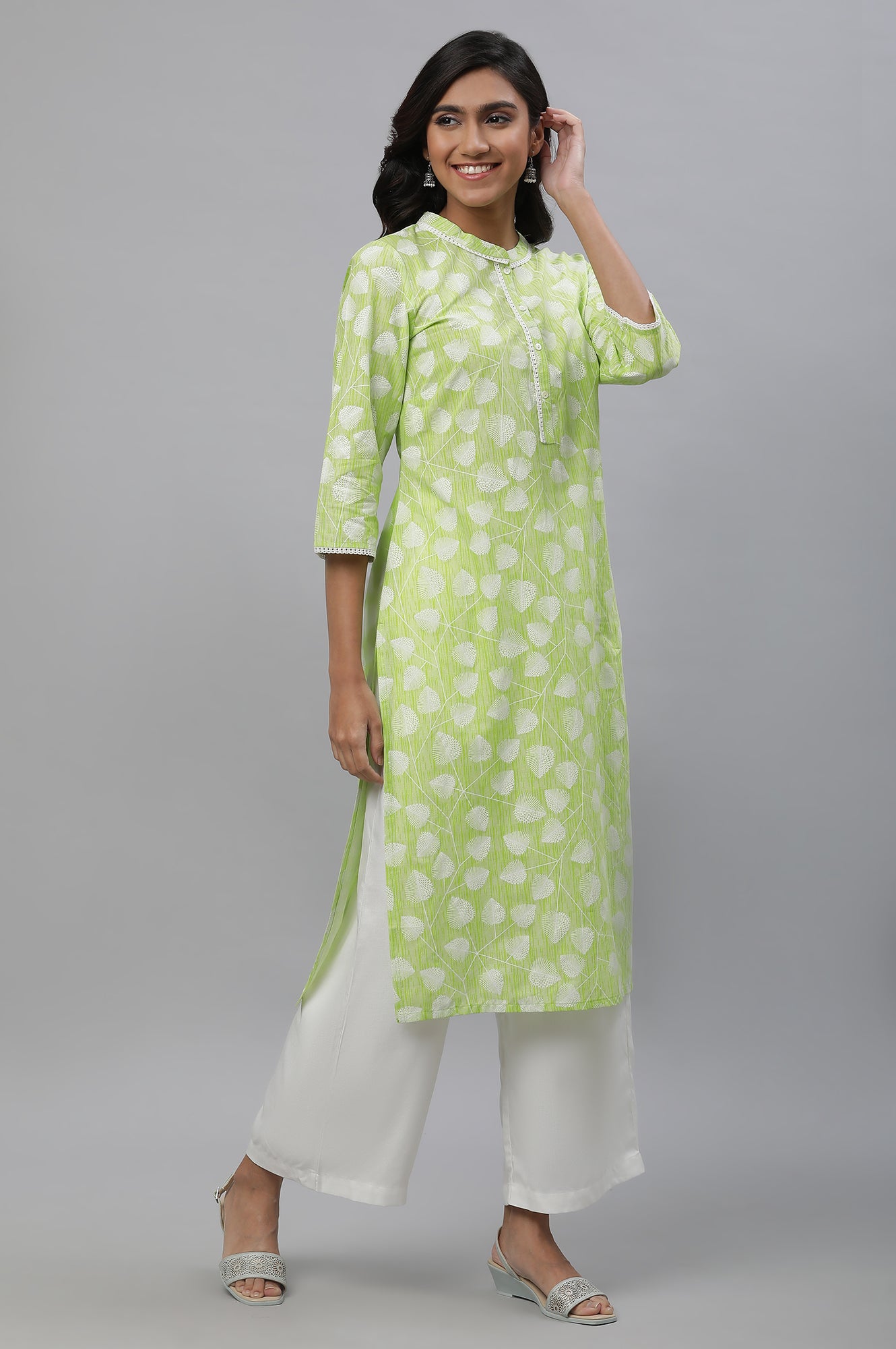 Green Floral Printed Casual Kurta