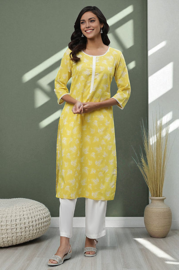 Yellow Floral Printed Cotton Kurta