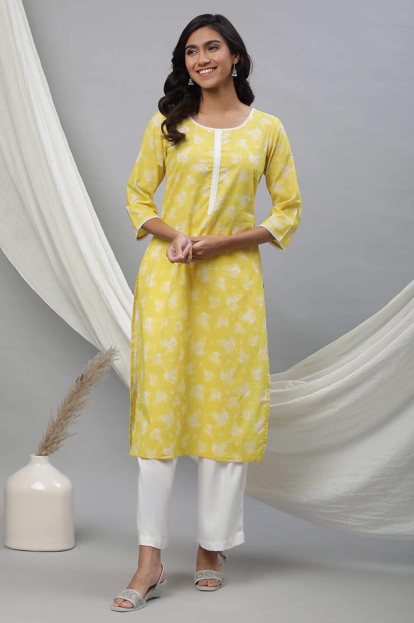 Light Yellow Floral Lace Trim Straight Cotton Kurta