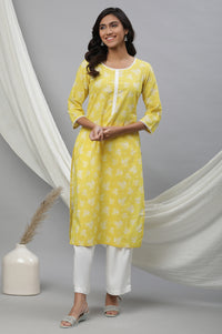 Light Yellow Floral Lace Trim Straight Cotton Kurta
