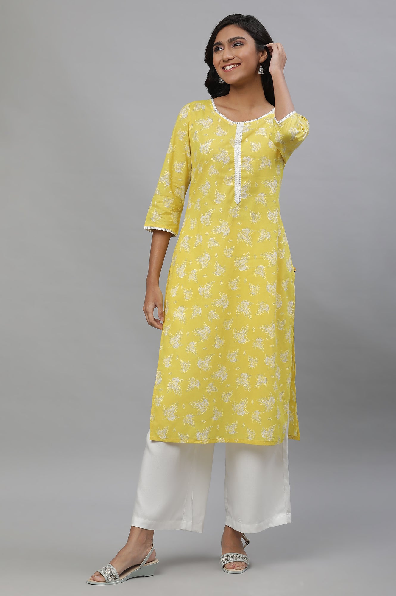 Yellow Floral Printed Cotton Kurta