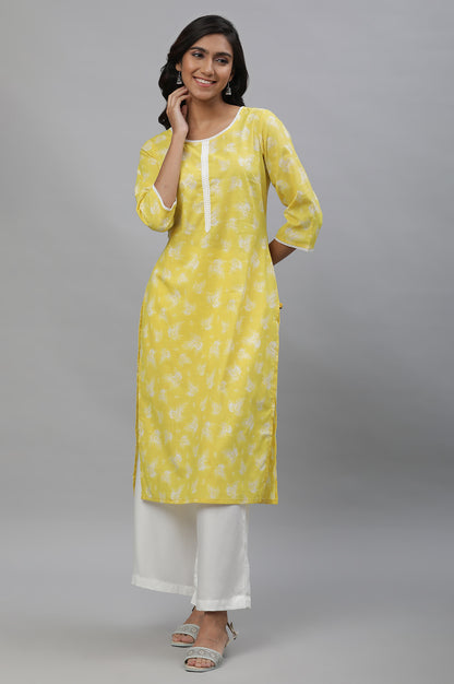 Yellow Floral Printed Cotton Kurta