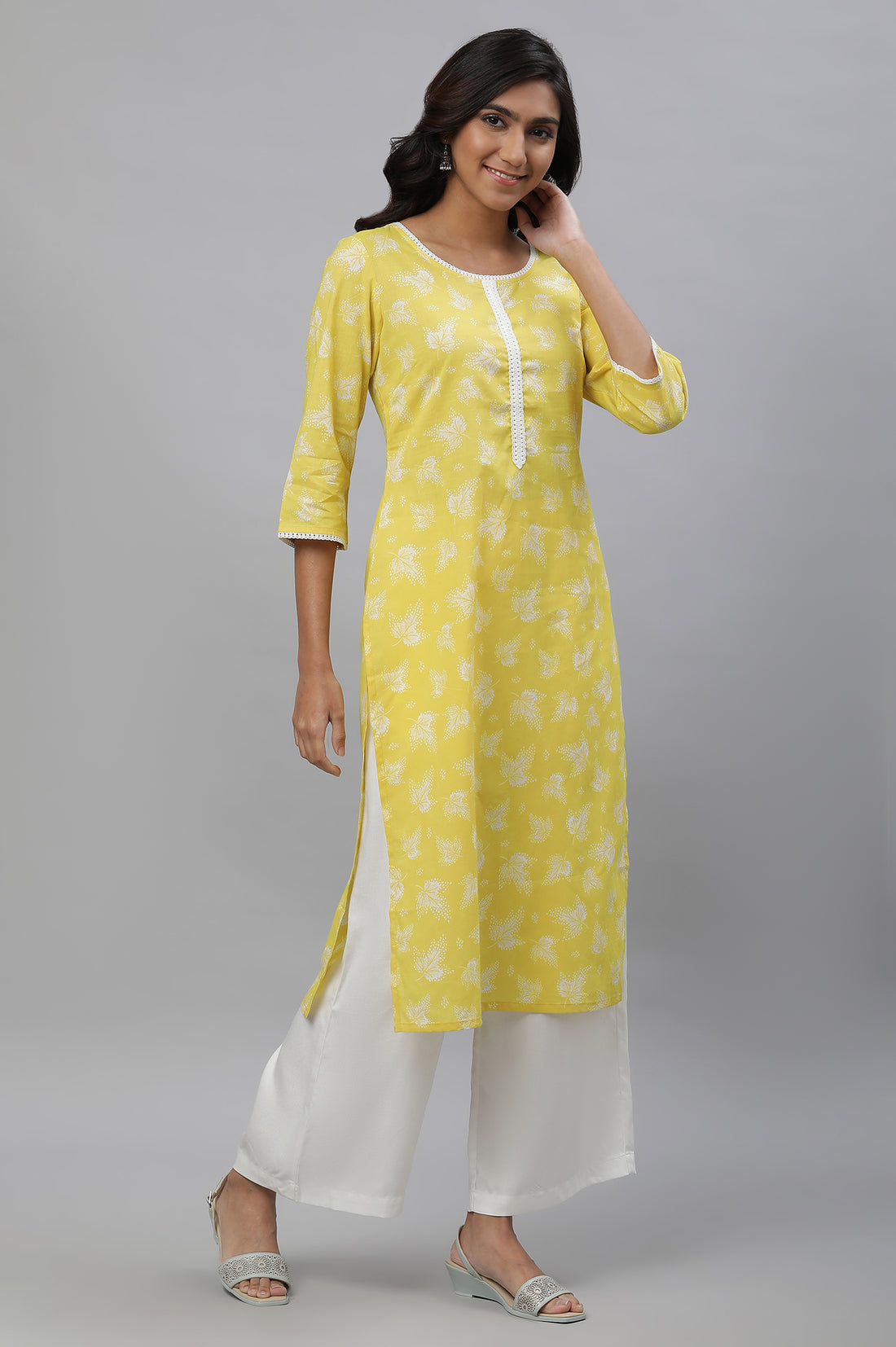 Light Yellow Floral Lace Trim Straight Cotton Kurta