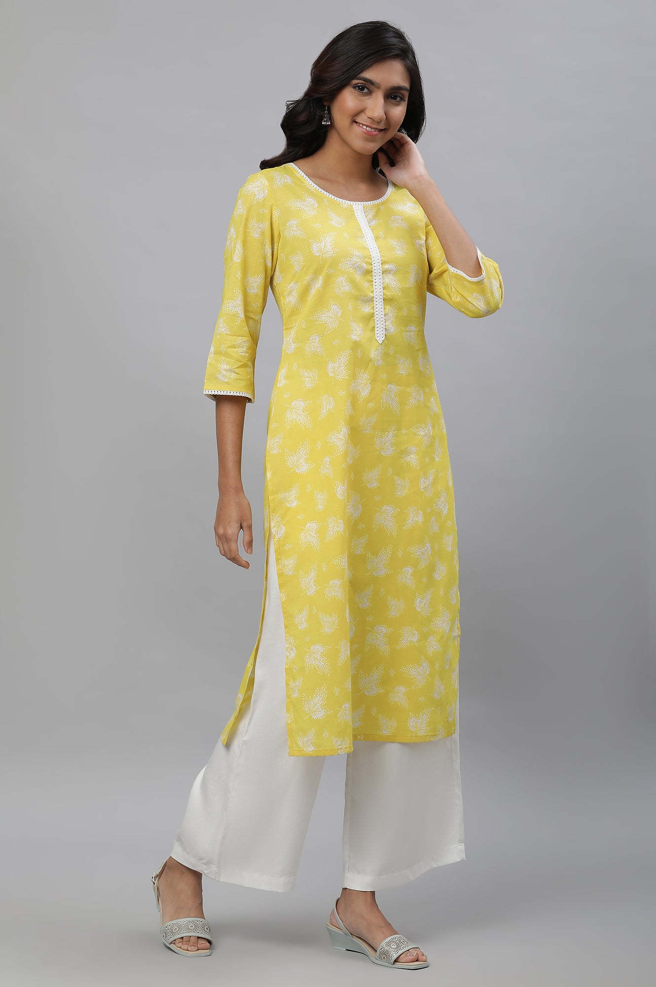 Light Yellow Floral Lace Trim Straight Cotton Kurta