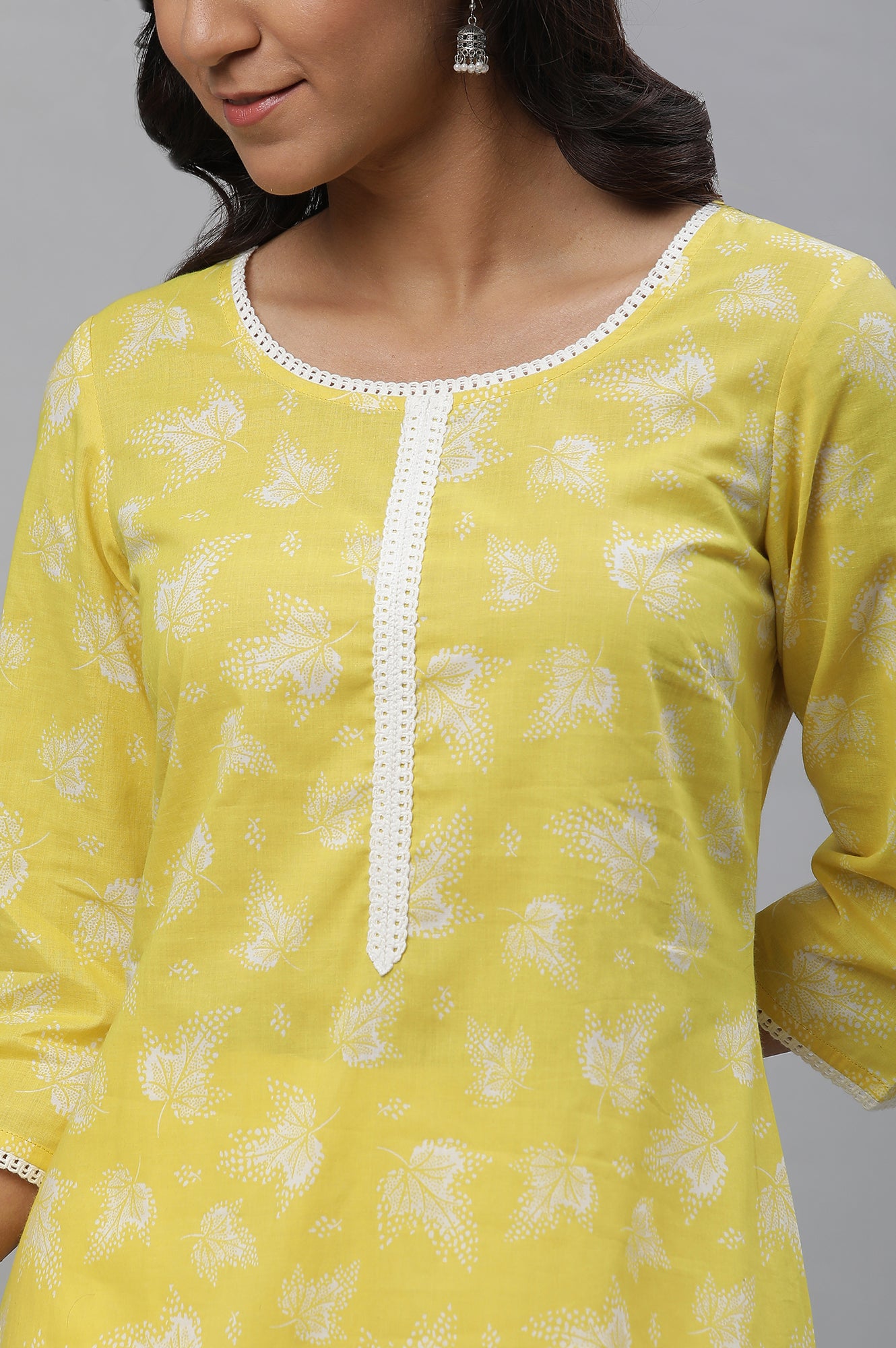 Light Yellow Floral Lace Trim Straight Cotton Kurta