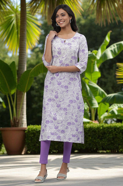 White &amp; Purple Floral Printed Kurta