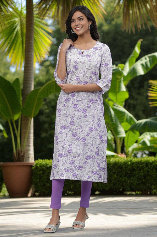 White & Purple Floral Printed Kurta