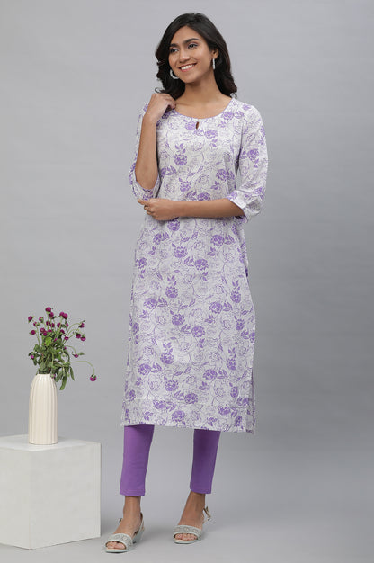 White &amp; Purple Floral Printed Kurta