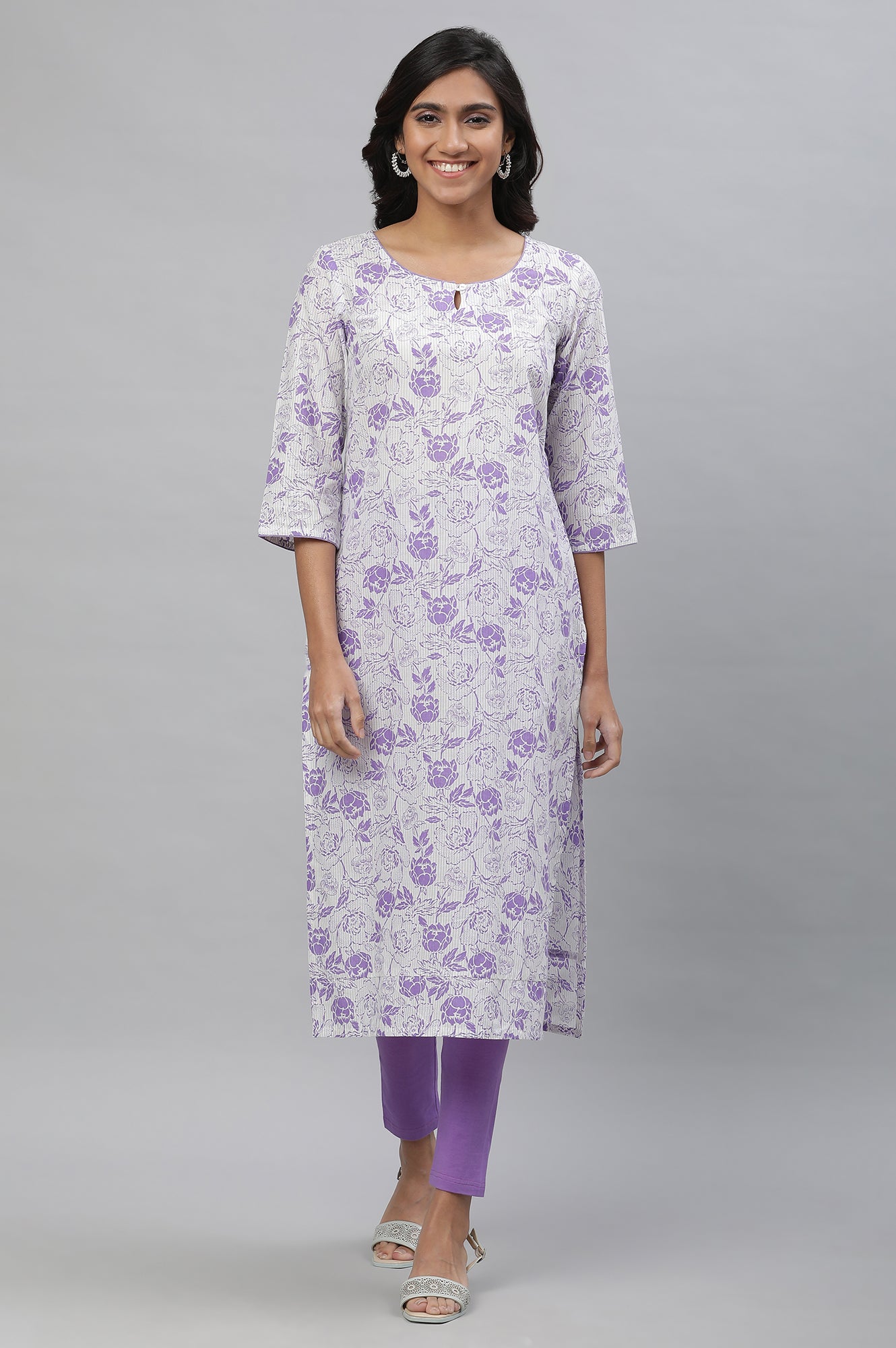 White & Purple Floral Printed Kurta