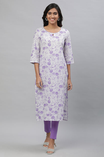 White &amp; Purple Floral Printed Kurta