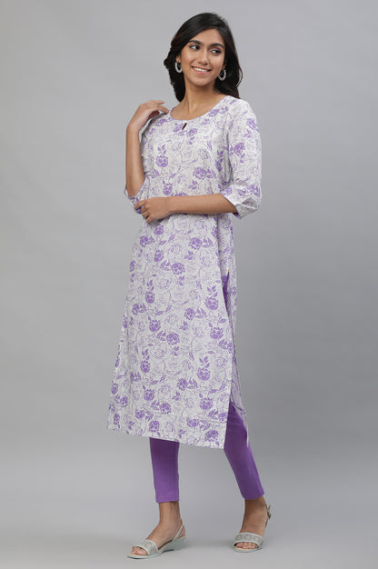 White &amp; Purple Floral Printed Kurta