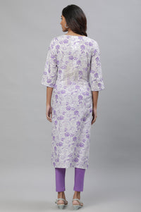 White &amp; Purple Floral Printed Kurta