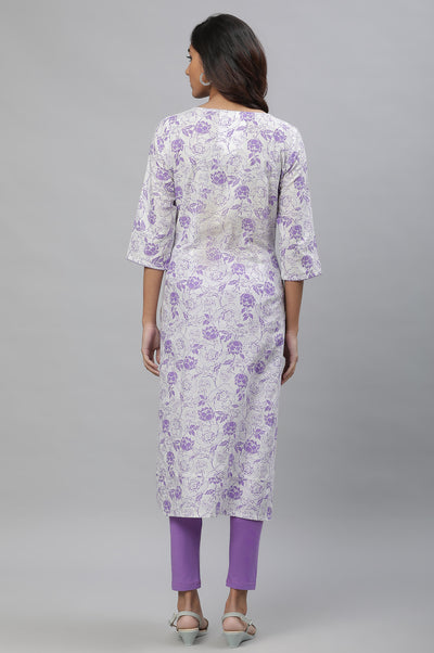 White & Purple Floral Printed Kurta