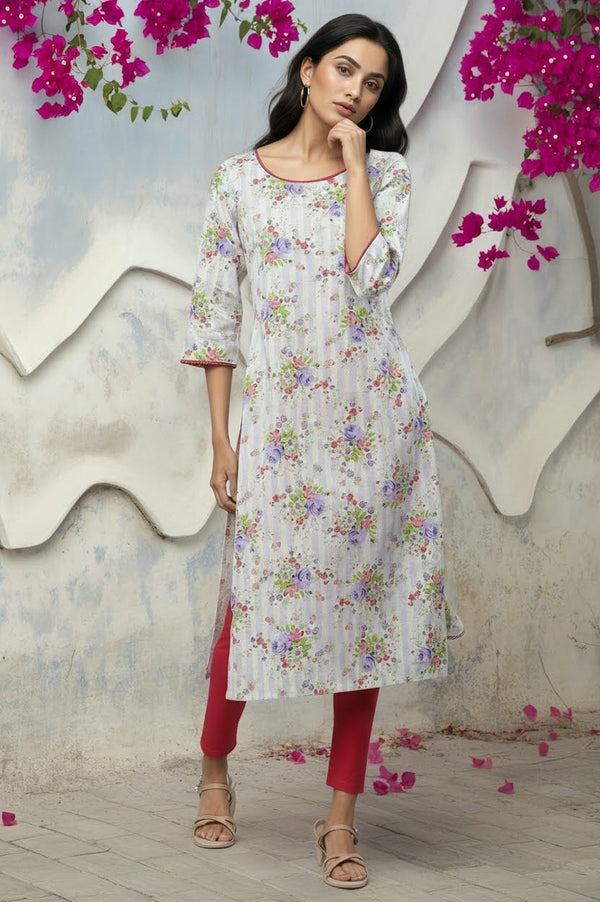 White & Purple Floral Printed Kurta