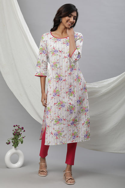 White &amp; Purple Floral Printed Kurta