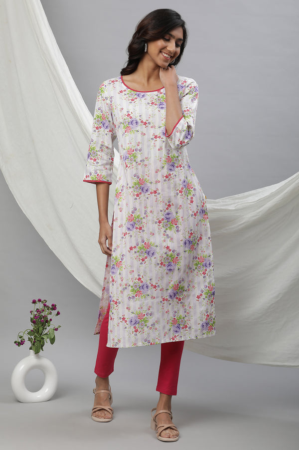 White & Purple Floral Printed Kurta