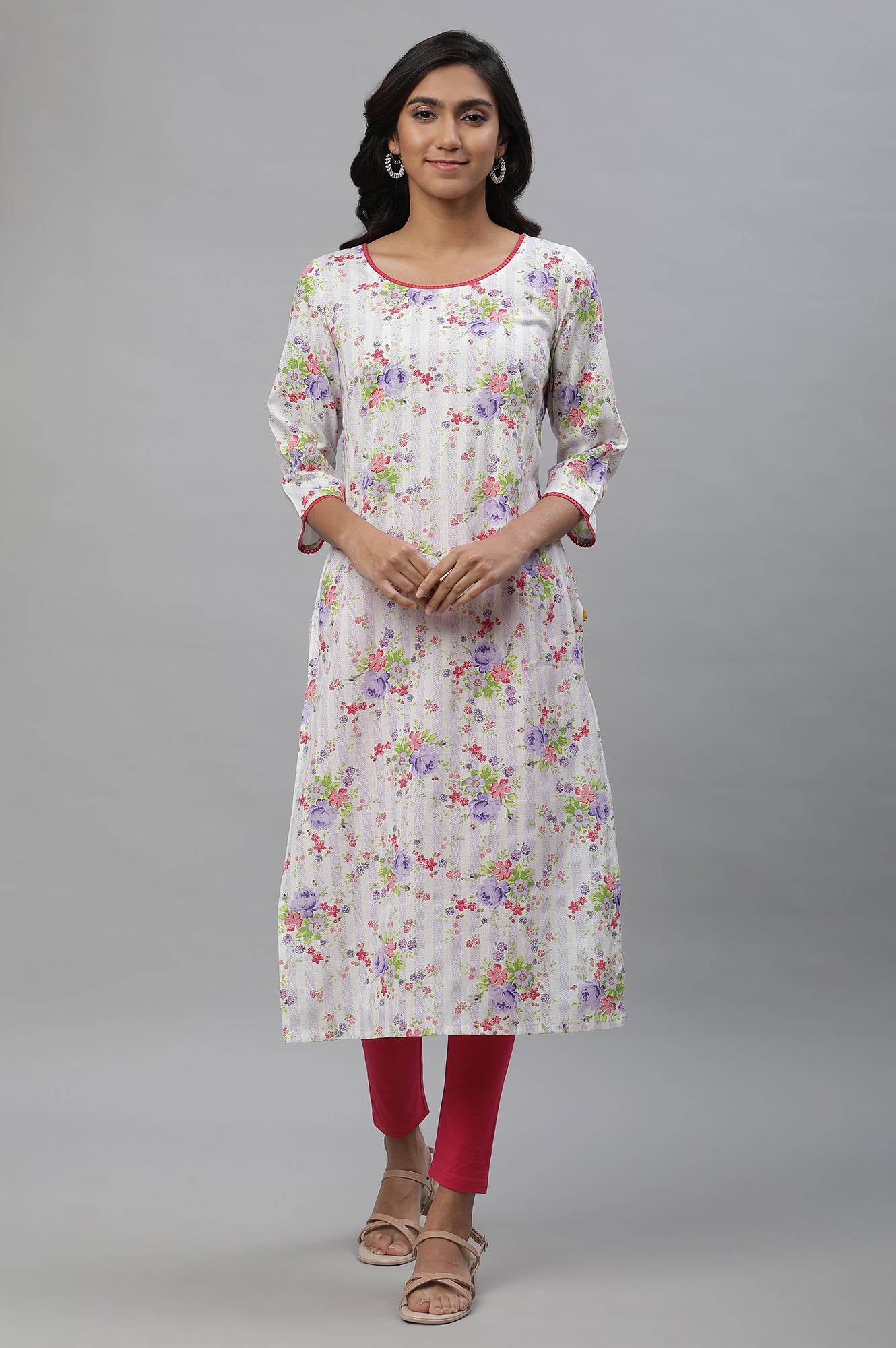 White & Purple Floral Printed Kurta