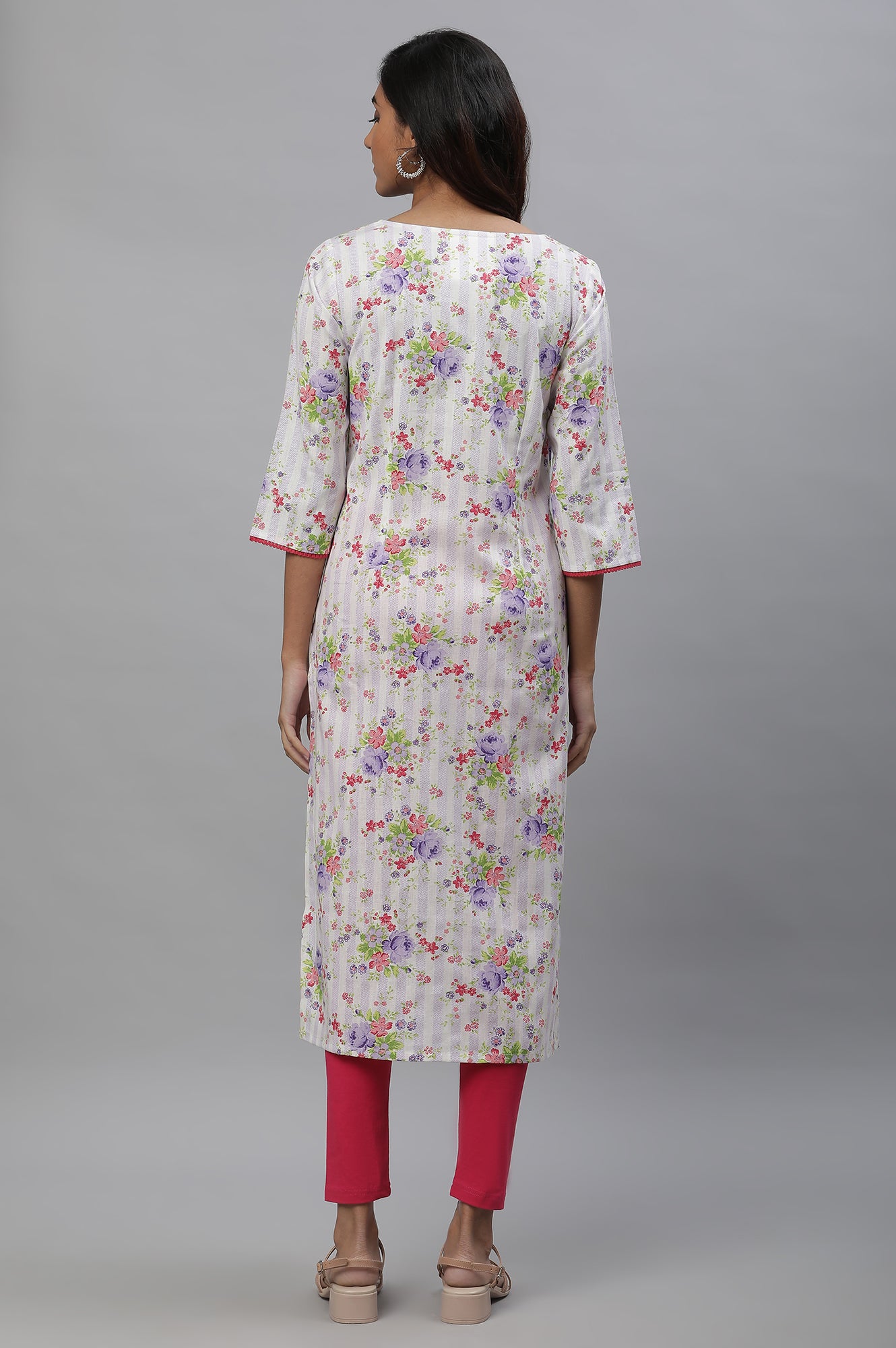 White &amp; Purple Floral Printed Kurta