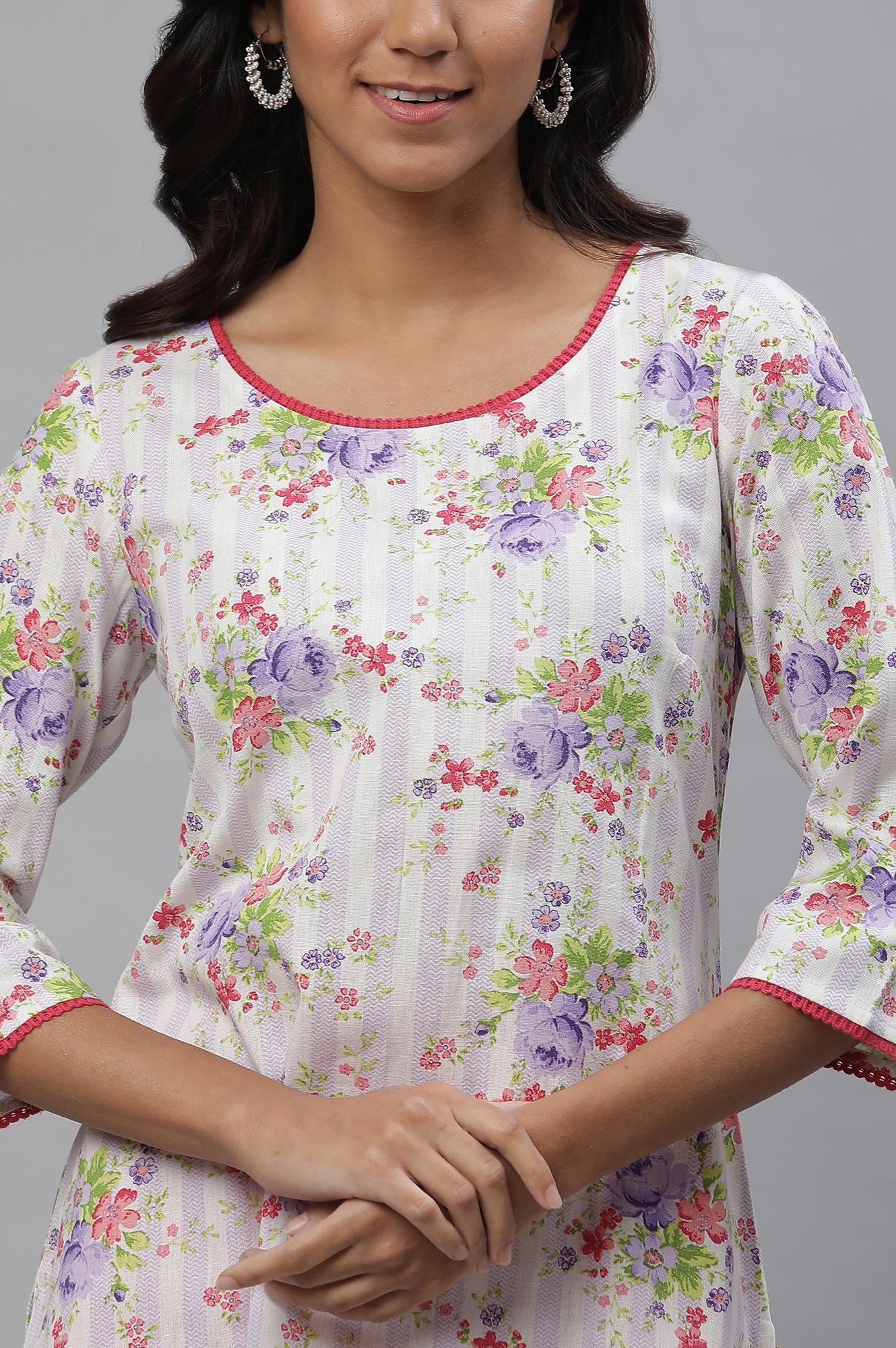 White Floral Printed Lace Pure Cotton Straight Kurta and Trouser Set