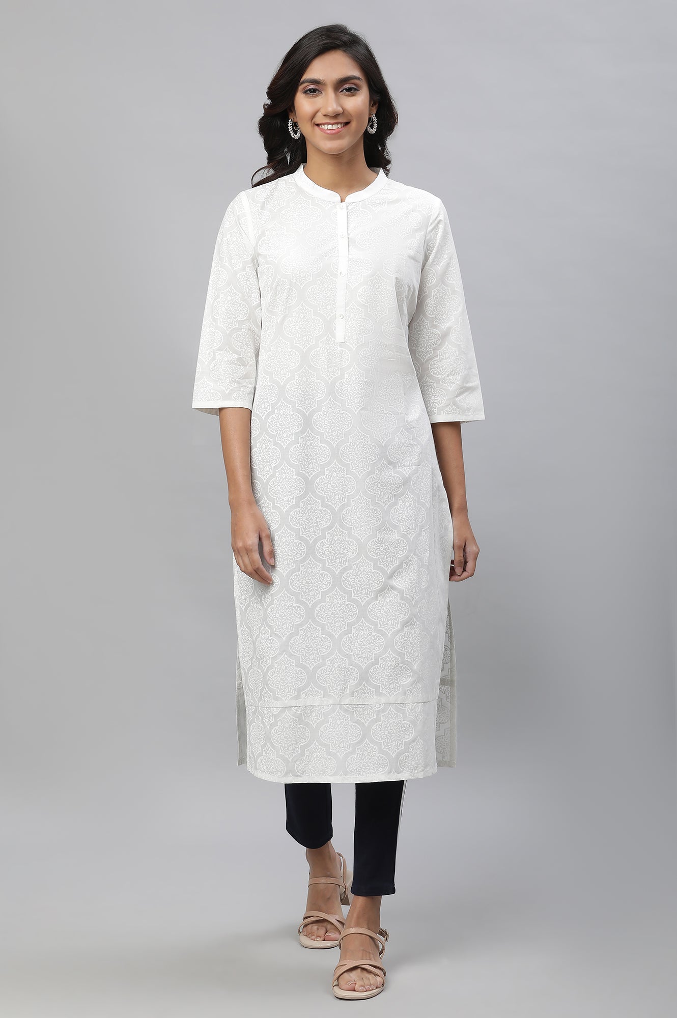 White Floral Motif Straight Kurta