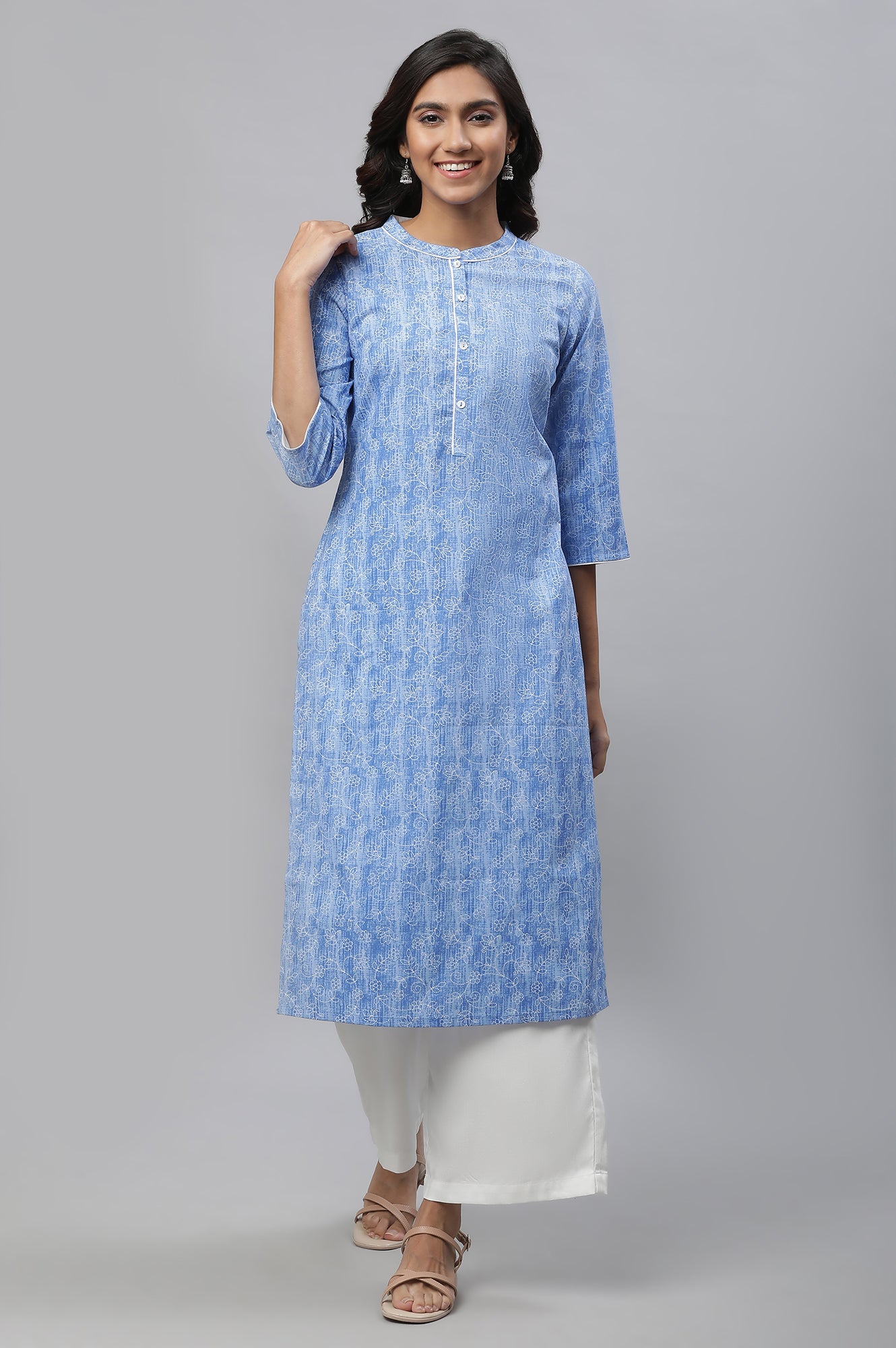 Blue Floral Printed Straight Kurta