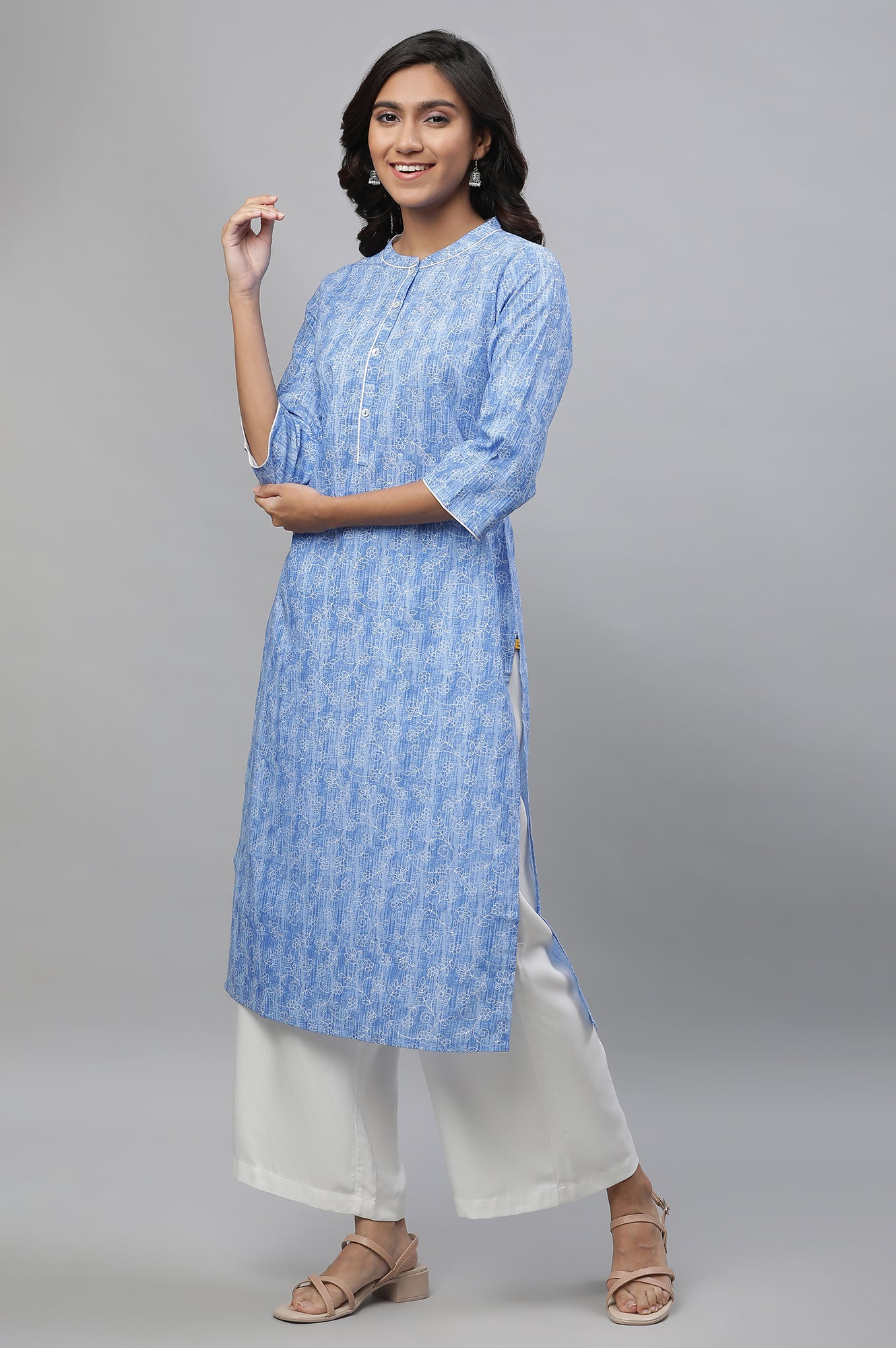 Blue Floral Printed Straight Kurta