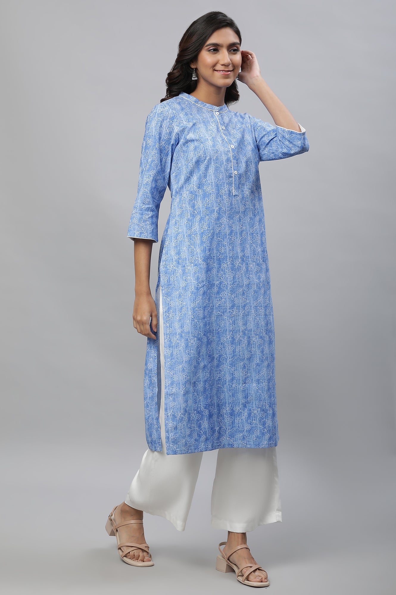 Blue Floral Printed Straight Kurta