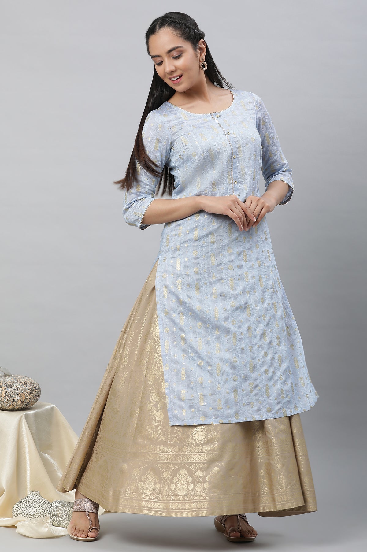 Blue Foil Printed Straight Festive Kurta - XS