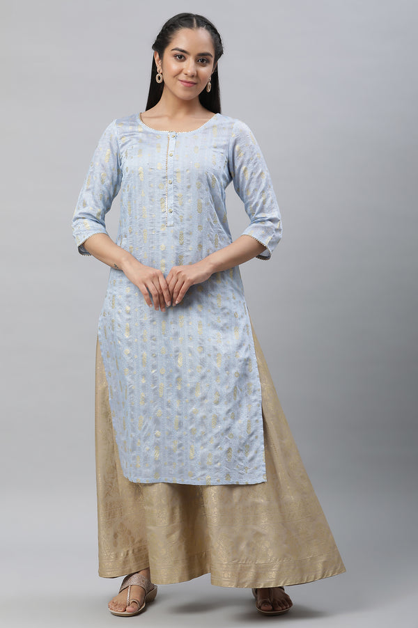 Blue Foil Printed Straight Festive Kurta