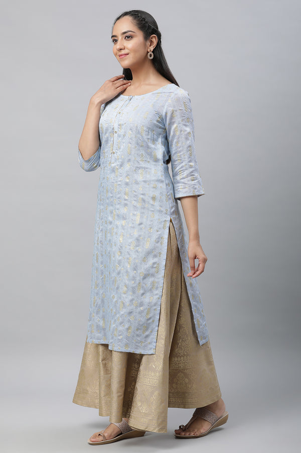 Blue Foil Printed Straight Festive Kurta