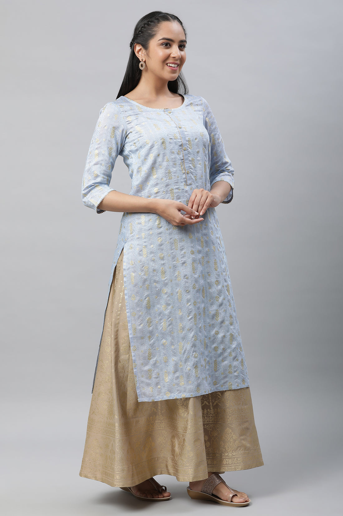 Blue Foil Printed Straight Festive Kurta