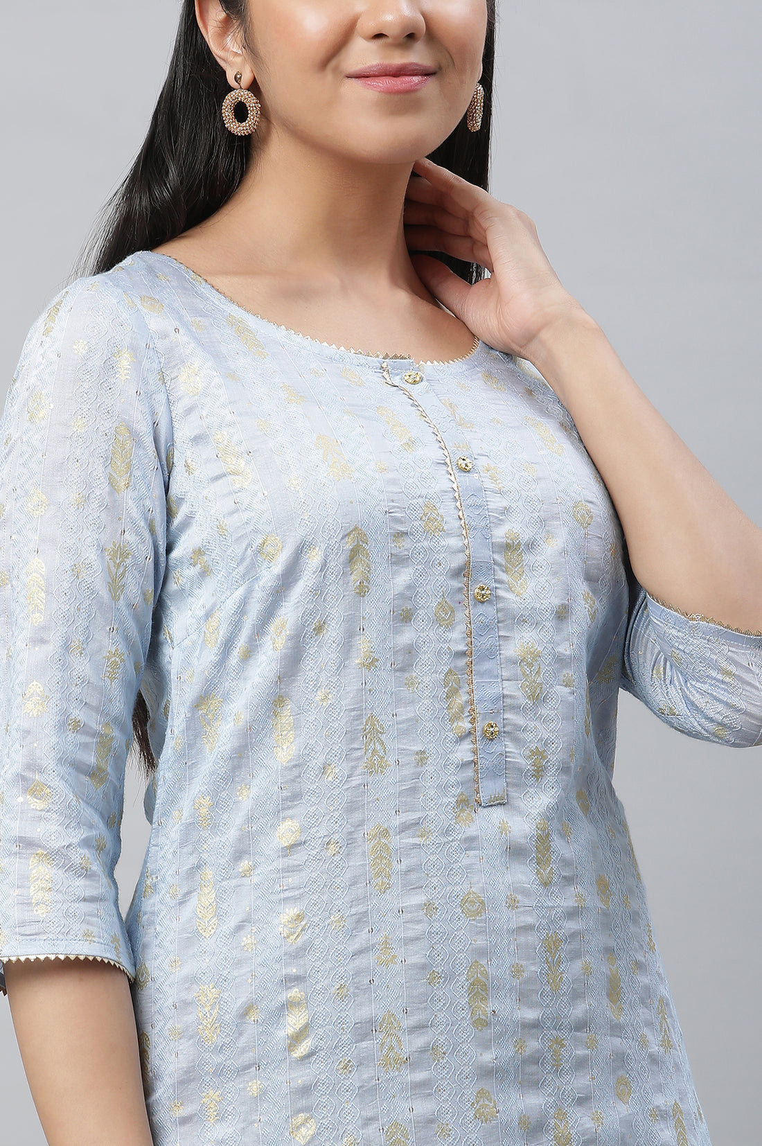 Blue Foil Printed Straight Festive Kurta