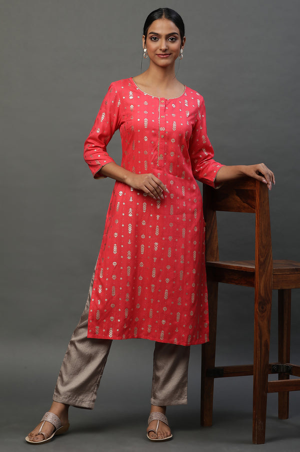 Pink Foil Printed Straight Festive Kurta