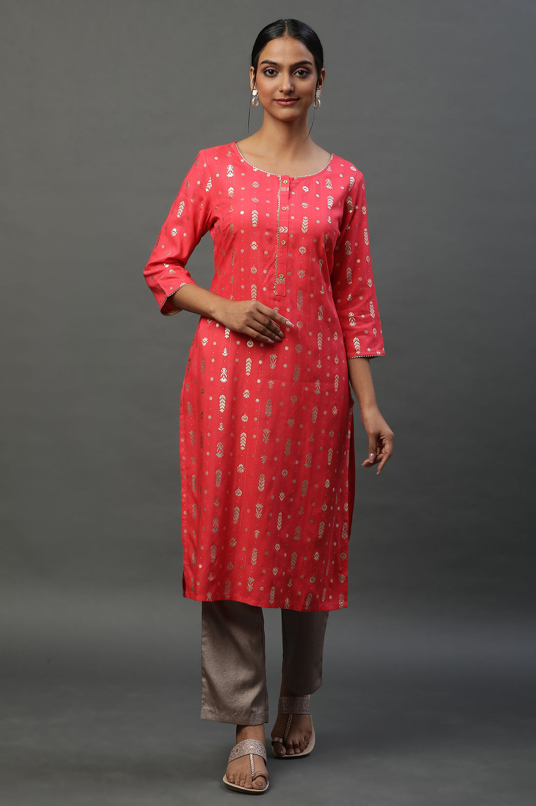 Pink Foil Printed Straight Festive Kurta